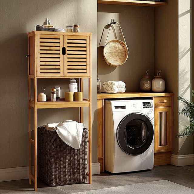 Bamboo Over The Toilet Storage Cabinet, 68.9 in Height Bathroom Storage Organizer with Double Door & Inner Adjustable Shelf, Bathroom Space Saver Orga