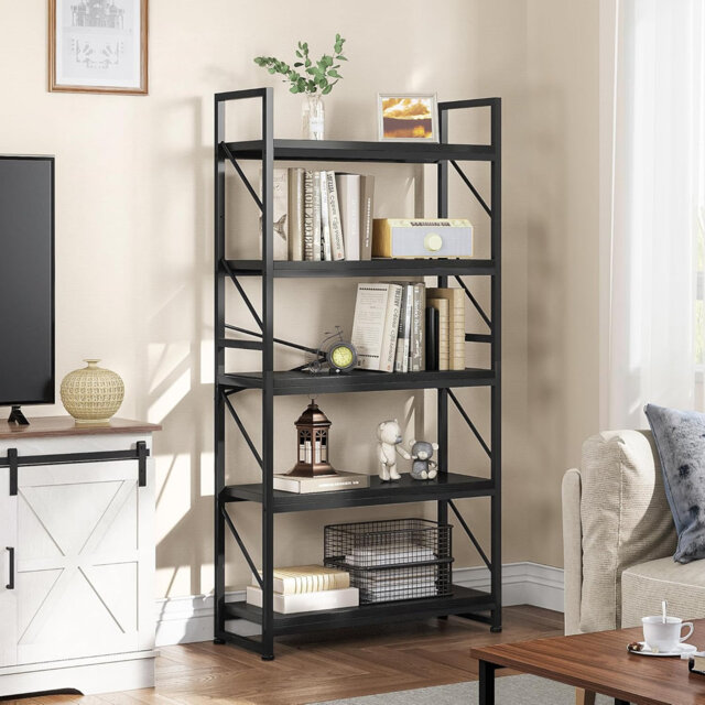 Bookcase 5 Tiers Industrial Book Shelf Large Floorstanding Book case Wooden Shelf and Metal Frame Shelving Unit Display Storage Rack Black