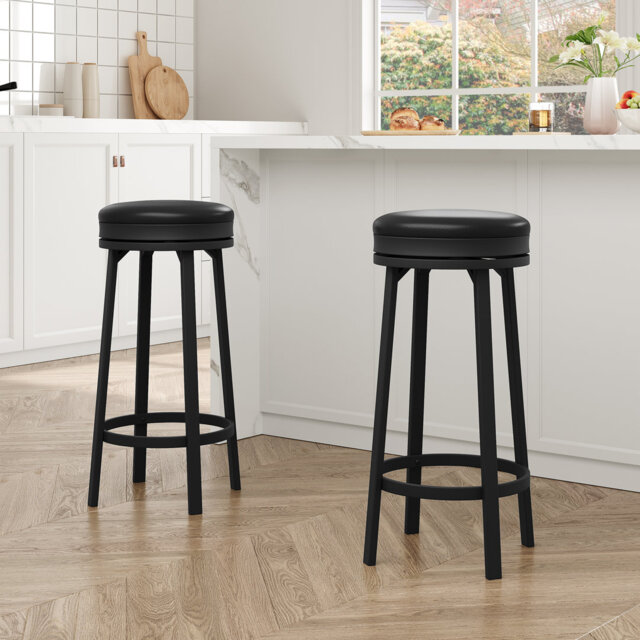 "Black/Brown Swivel Backless Bar Stools with Footrest,30.7"" Height and 360° Swivel,Round PU Faux Leather Seat and Metal Frame"
