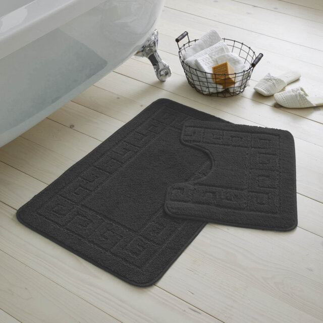 2 Piece Bathroom Rug Set Greek Key Pattern Bath Mat & Pedestal Mat Non Slip Rubber Back Soft Absorbent Mats