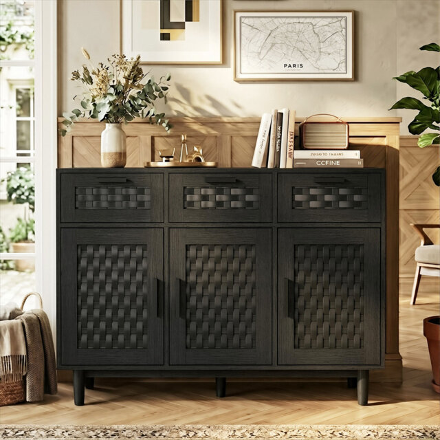 108cm 3-Door Faux Rattan Sideboard, Japandi PVC Woven Storage Cabinet with 3 Drawers & Metal Handles, Oak / Black