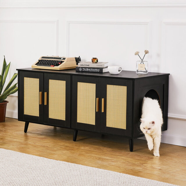 Cat Litter Box Enclosure Wooden Litter Box Furniture Hidden 2 Rooms