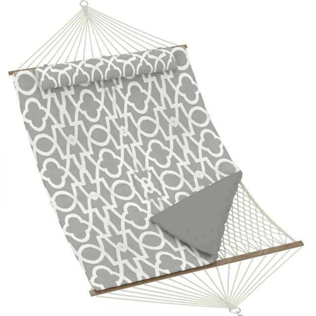 3.5m 2 Person Double Quilted Hammock, Beige Outdoor Swing Bed with Wooden Spreader Bar, Mesh Bag, Cushion & Pillow, 204kg Load Capacity with Hanging C