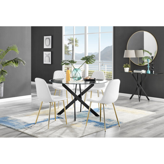 Tierra Modern Chrome Metal & Glass Round Dining Table Set with 4 Luxury Faux Leather Chairs