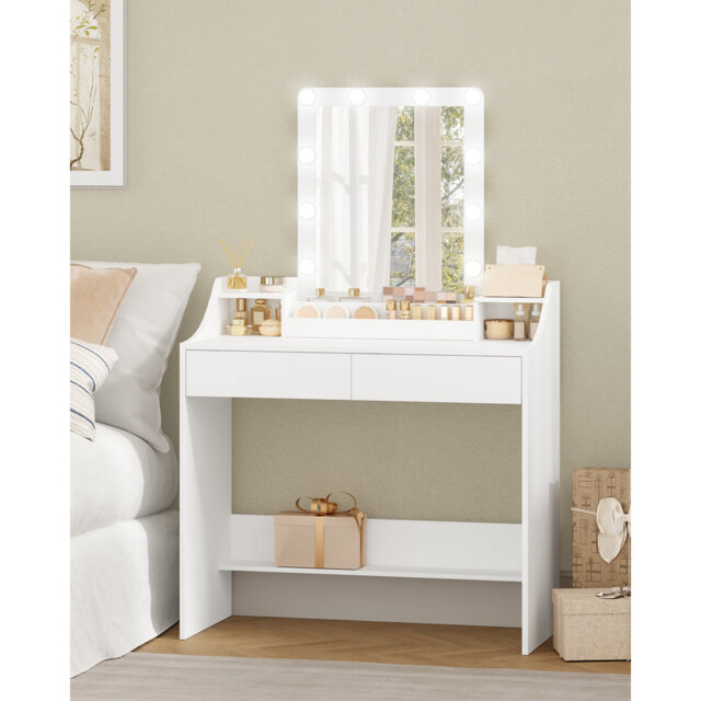 Dressing Table with LED Lights, Adjustable Brightness and Color, Vanity Table with Mirror, Vanity Desk with 2 Drawers and 2 Open Compartments