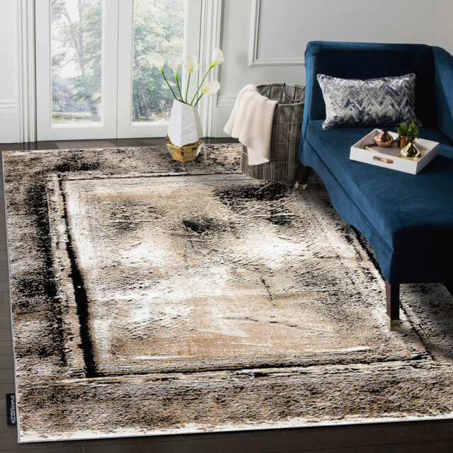 Modern de Luxe rug for living rooms, bedrooms, vintage frames - textured gray / gold