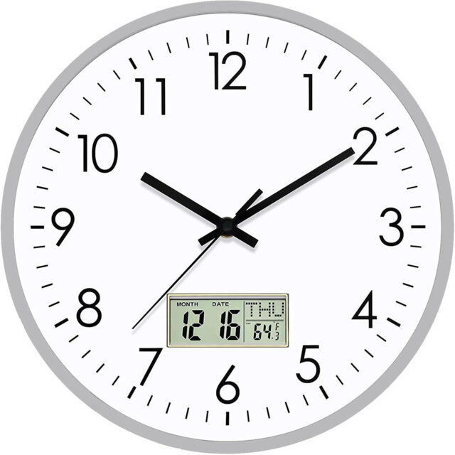 12 Inch Silent Wall Clock with Day, Date and Temperature (Silver)