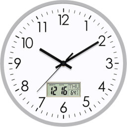 12 Inch Silent Wall Clock with Day, Date and Temperature (Silver)