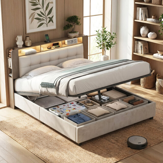 EU Double/King Ottoman Bed With Bookcase Headboard, Storage Frame With LED Lights & Wireless Charging, White & Oak Effect