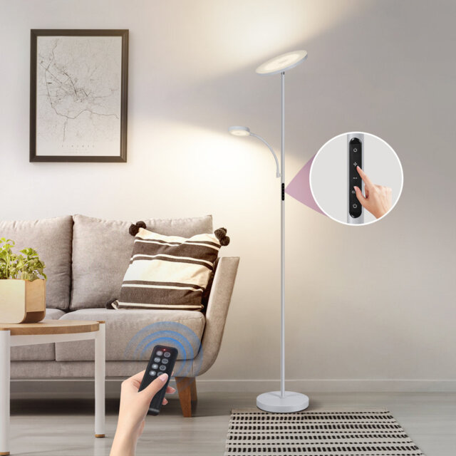 Dual-Head LED Floor Lamp with Touch and Remote Control, 2800 Lumens, Silver Grey