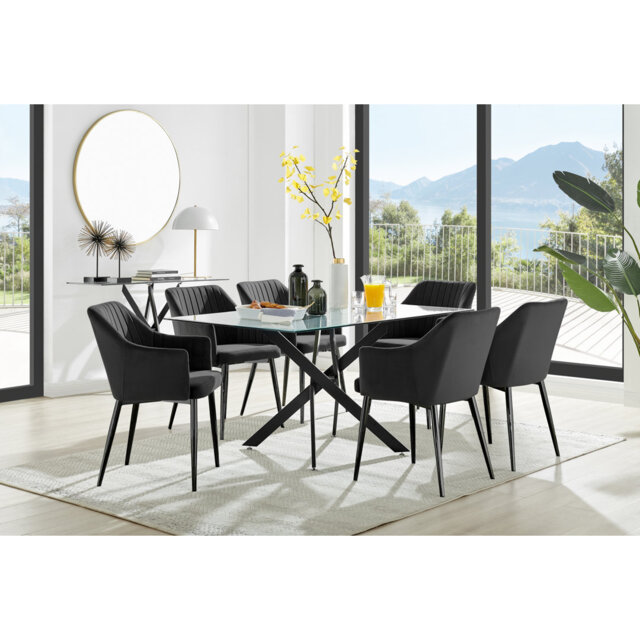 Lenworth Balck Metal and Glass Rectangular Dining Table Set with 6 Luxury Modern Velvet Chairs