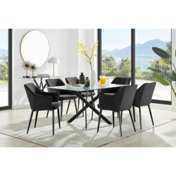 Lenworth Balck Metal and Glass Rectangular Dining Table Set with 6 Luxury Modern Velvet Chairs