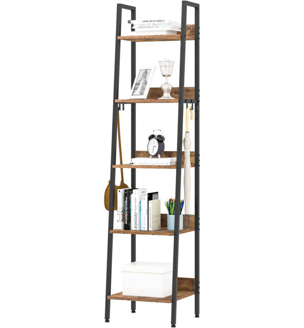 6-Shelf Bookcase, Industrial Shelves With 4 Hooks, Mdf And Metal Ladder Shelving Unit For Living Room, Kitchen, Study, Office, Black Frame, 36X41X187C
