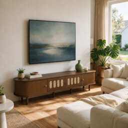 Walnut Curved TV Unit With Rattan Doors, Wooden Lowboard Storage Cabinet For Living Room