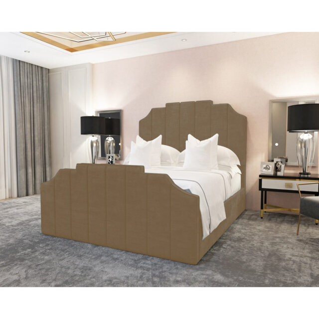 Annalei Regal Velvet Upholstered Bed Frame - Shaped Headboard, Chrome Feet