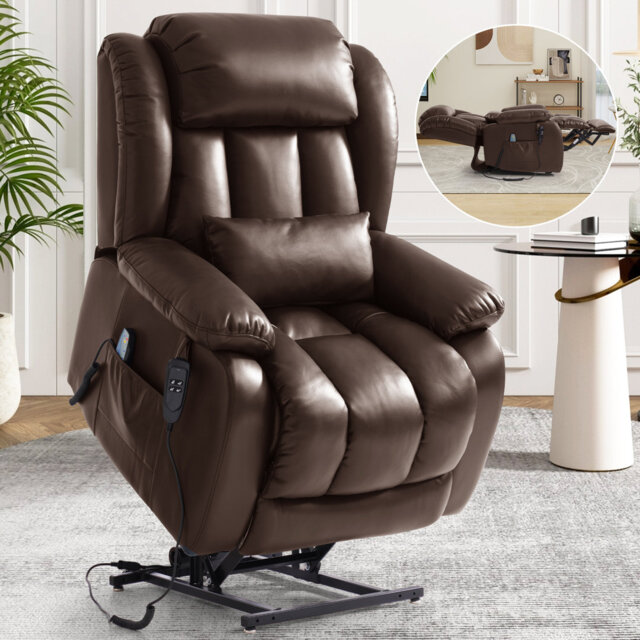 Dual Motor Leather Power Lift Recliner, Infinite Position Lay Flat, Heat & Massage for Adult&Elderly