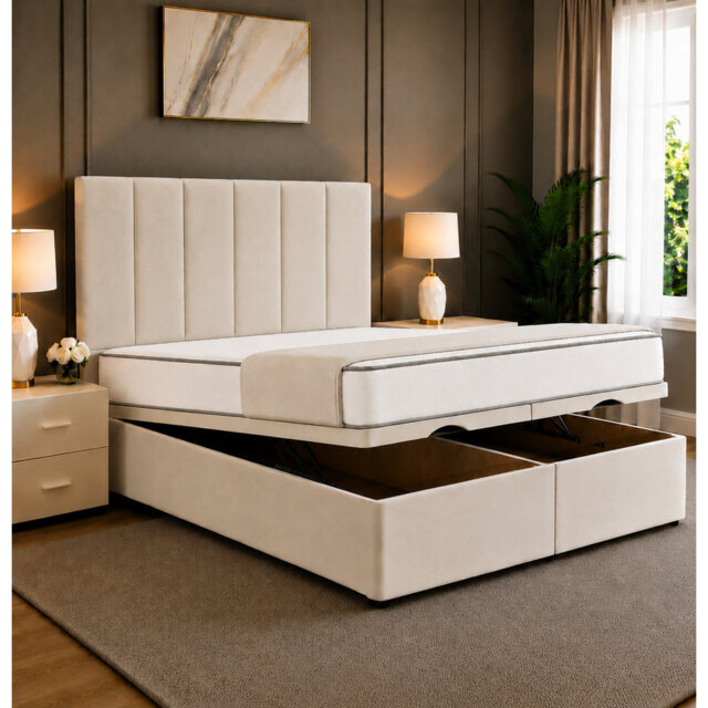 Eva Divan Ottoman Storage Bed Frame with Floor Standing Striped  Headboard