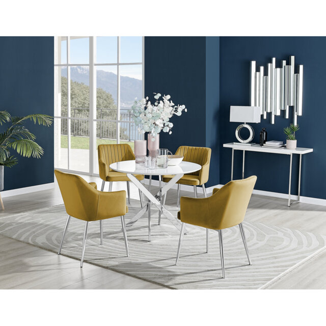 Tierra Modern Chrome Metal & Glass Round Dining Table Set with 4 Luxury Button Chairs