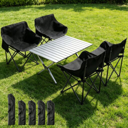 90cm Foldable Table and 4 Chairs Set, Carbon Steel Frame Portable Garden Dining Set, Fold Up Chairs with Side Pockets & Storage Carry Bag, Multipurpos