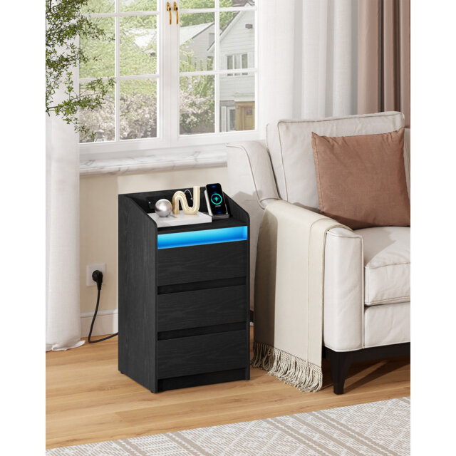 Bedside Table with 3 Drawers, Bedside Cabinet, Side Table with Charging Station and LED, 2 AC and 2 USB Ports, Nightstand for Bedroom, Living Room, En