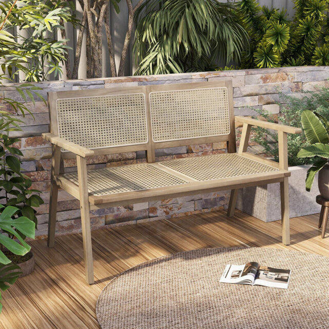 Wood Garden Bench 2-Person Patio Lounger Loveseat With Backrest & Seat