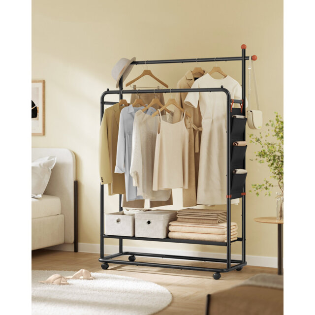 Clothes Rail, Clothes Rack On Wheels, Portable Clothing Rack, With 2 Clothes Hanging Rails, Fabric Shelf And Storage Bag, Ink Black