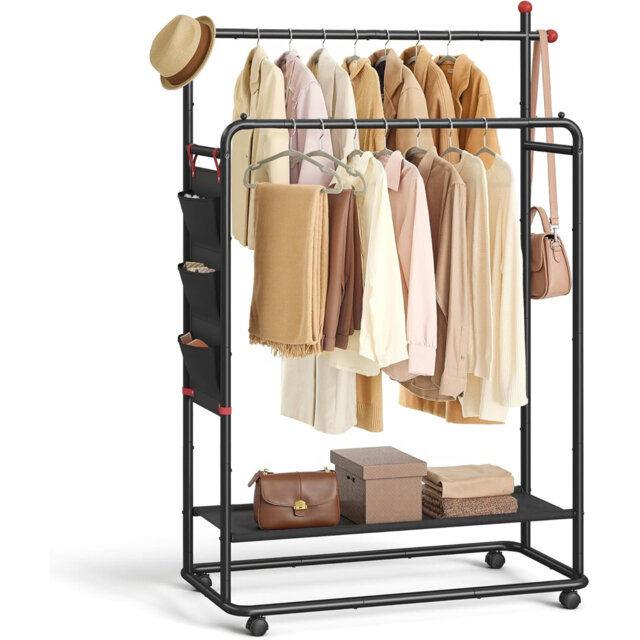 Clothes Rail on Wheels, 2 Hanging Rails, Fabric Shelf