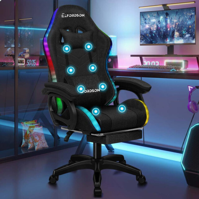 Gaming Chair 12 RGB LED Massage Padded Swivel Recliner Computer Office