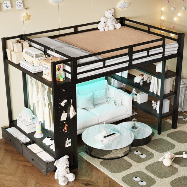 Metal Loft Bed 140 X 200 Cm With Open Wardrobe, Shelves And LED Lights