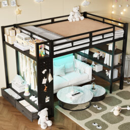 Metal Loft Bed 140 X 200 Cm With Open Wardrobe, Shelves And LED Lights