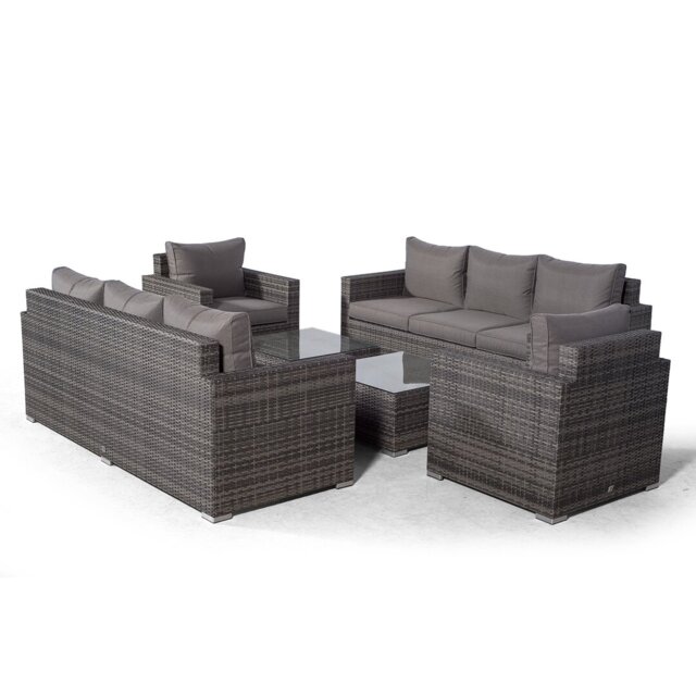 Villatoro Grey Rattan 2 X 3 Seat Sofa + 2 X Armchairs & 2 X Square Coffee Table, Outdoor Patio Garden Furniture