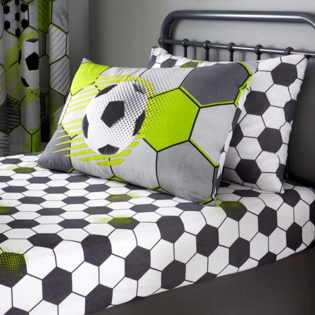 Kids Football Print Fitted Sheet Set Cotton Blend Bed Linen with Pillowcases Elasticated Edges Secure Fit Soft Breathable Easy Care