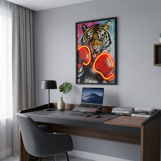 Raging Tiger Boxing Neon Led Wall Art - 60x40cm Canvas Motivation Decor