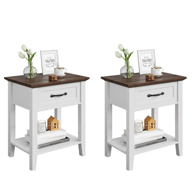 Set of 2 Bedside Cabinets, Bedside Tables with Drawers and Storage Compartment, Modern Side Table, Easy to Assemble, Wooden Bedside Table for Living R