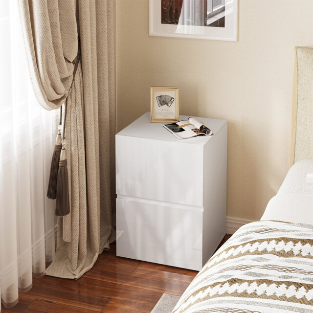 White Bedside Table Set Of 2, Bedside Cabinet, Chest Of 2 Drawers With Glossy Panles, Modern Wooden Nightstand, 40X40x58cm, Storage Side Table For Bed