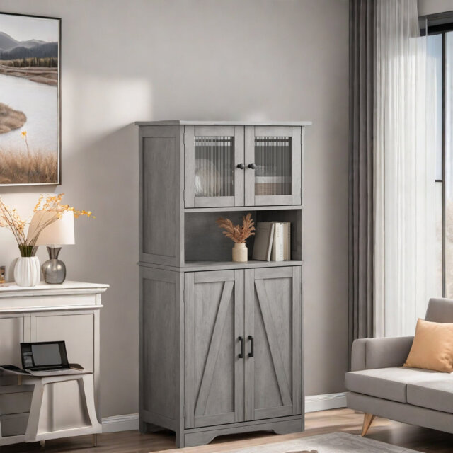 "50.4"" Pantry Storage Cabinet With Glass Doors And Adjustable Shelves"