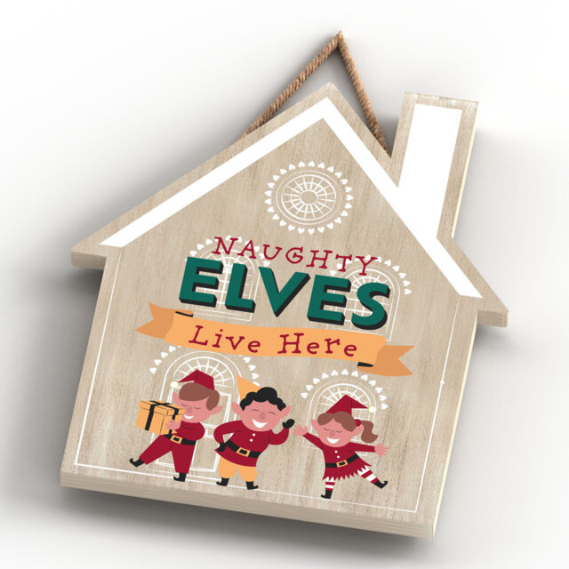 Cheeky Elves Christmas Wooden House Plaque Wall DÃ©cor