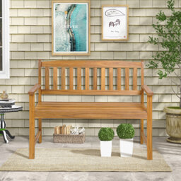 2-Person Outdoor Bench Patio Wooden Bench W/Ergonomic Backrest-Natural
