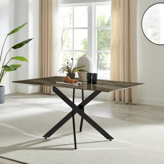 Lenworth Luxury Marble Effect Glass 6 Seater Dining Table - Modern Statement Design