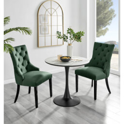 Ellis White Marble Effect Melamine Round Dining Table Set with 2 Luxury Button Velvet Dining Chairs