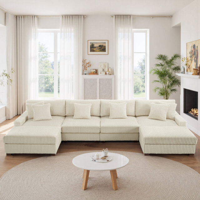 6 - Piece Upholstered Faux Rabbit Fur Flannel Modular Sectional Sofa with Throw Pillows & Removable Ottomans