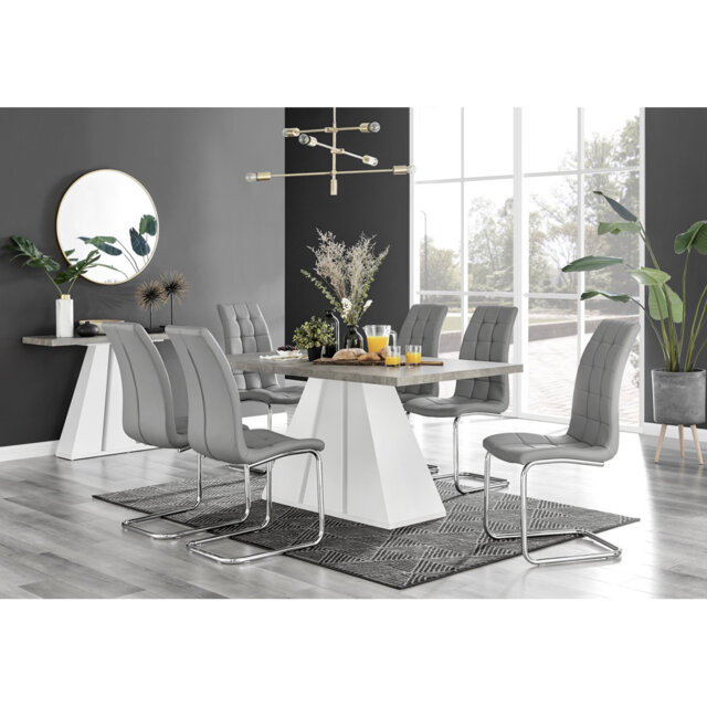 Athena Modern Marble Effect & High Gloss Dining Table Set with 6 Modern Faux Leather Dining Chairs