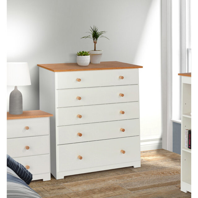 5 Drawer Chest of Drawers, Soft White Painted with Oak Effect Top