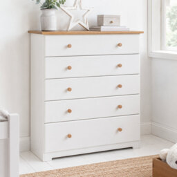 5 Drawer Chest of Drawers, Soft White Painted with Oak Effect Top