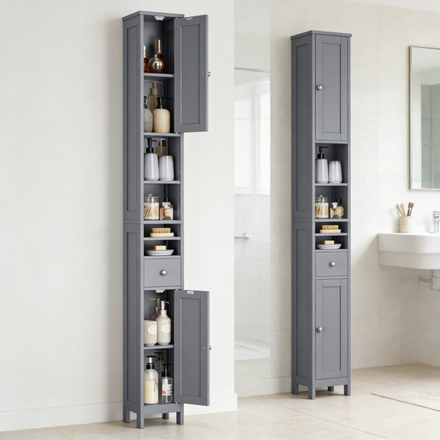 Dove Grey Slim Tall Bathroom Cabinet, Freestanding Narrow Storage Unit With Adjustable Shelves, Drawer & Open Compartments, Modern Organizer For Small