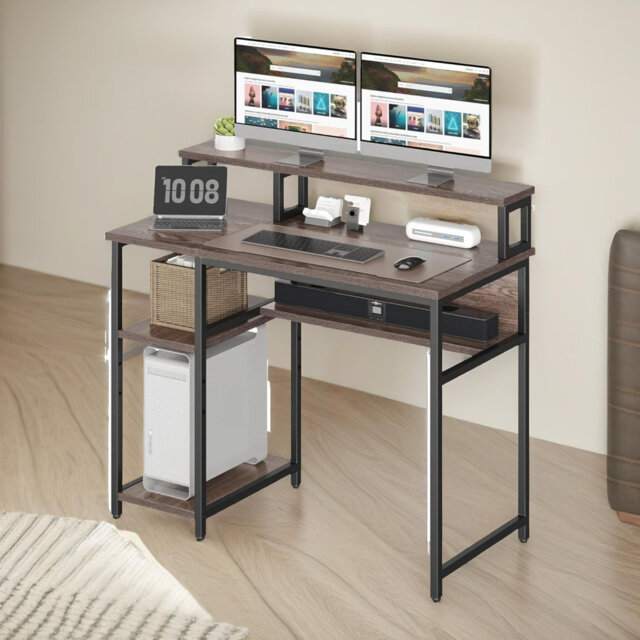 Industrial 100CM Computer Desk With Monitor Stand, Shelves And Drawer