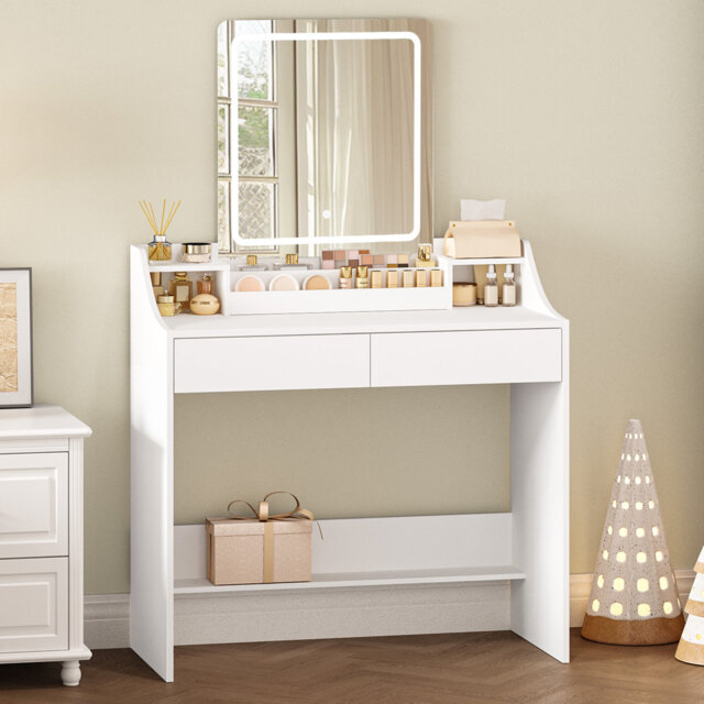 Dressing Table with LED Lights, Adjustable Brightness and Color, Vanity Table with Mirror, Vanity Desk with 2 Drawers and 2 Open Compartments, Modern,