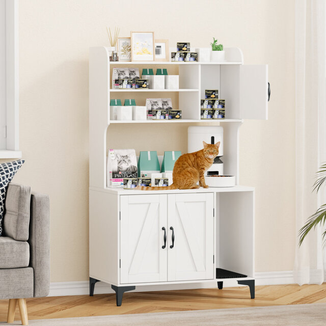 Modern Multi-Tier Cat Litter Box Enclosure Cabinet - 4 Storage Shelves - Hidden Cat Washroom Furniture - Indoor Large Cat House with Litter Mat - Whit