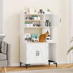 Modern Multi-Tier Cat Litter Box Enclosure Cabinet - 4 Storage Shelves - Hidden Cat Washroom Furniture - Indoor Large Cat House with Litter Mat - Whit