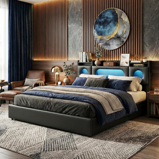 PU Leather Ottoman Bed, RGB LED Storage Headboard & USB-C Charging, European Double (140X200cm) & King (160X200cm)